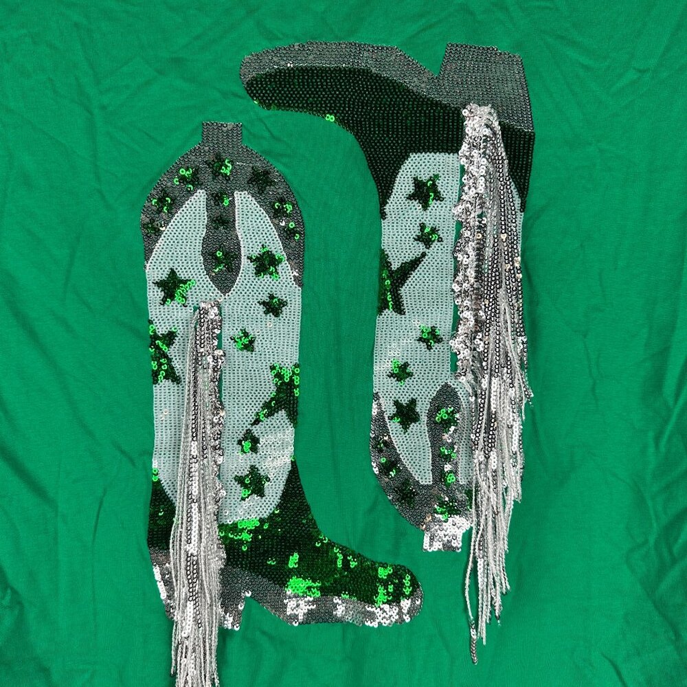 Blue b Collection Green Sequin Cowboy Boot Graphic T-Shirt Size Large